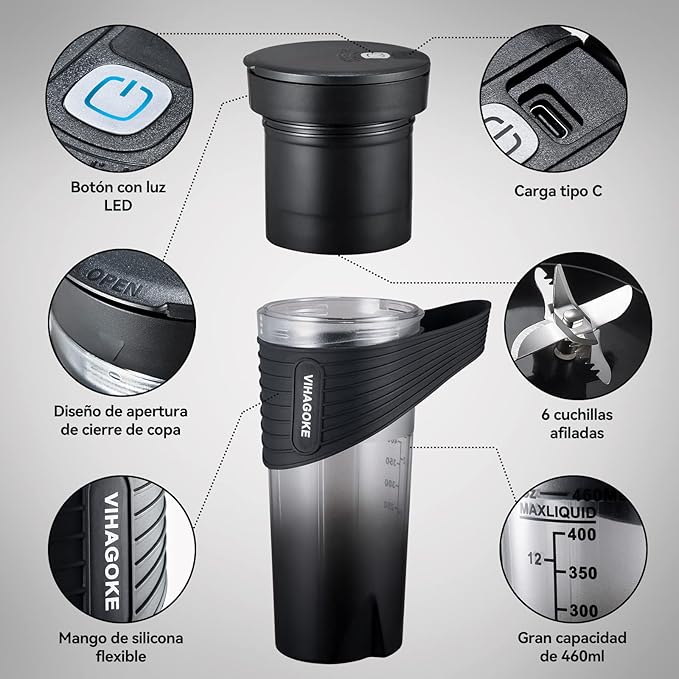 Mixer Smoothie Maker to Go, 460 ml, bottiglia Fresh Juice, 4000 mAh ricaricabile, 6 lame affilate, mini cannuccia in silicone, per viaggi e uso a casa, HD-07, nero