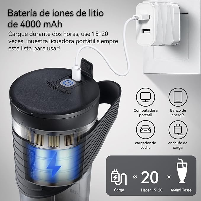 Mixer Smoothie Maker to Go, 460 ml, bottiglia Fresh Juice, 4000 mAh ricaricabile, 6 lame affilate, mini cannuccia in silicone, per viaggi e uso a casa, HD-07, nero