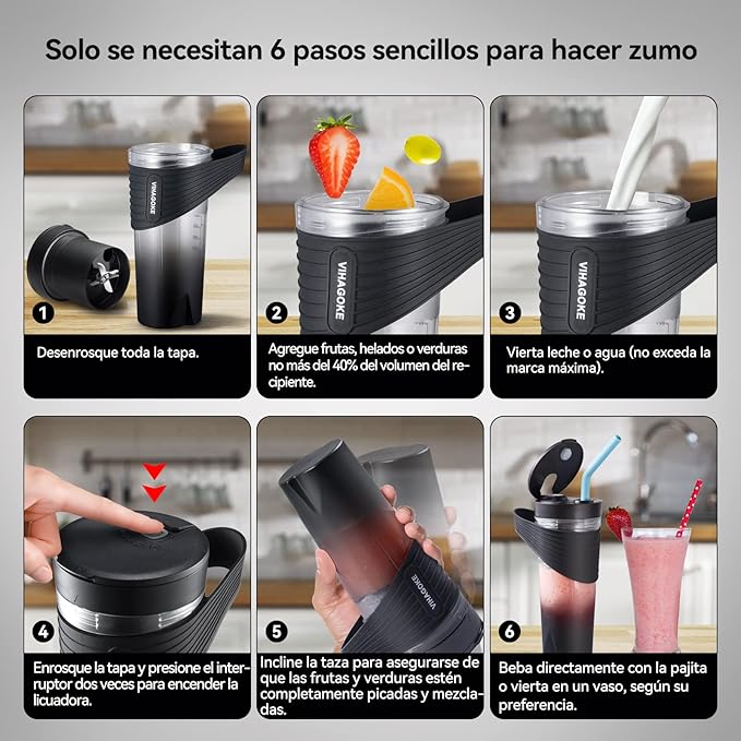 Mixer Smoothie Maker to Go, 460 ml, bottiglia Fresh Juice, 4000 mAh ricaricabile, 6 lame affilate, mini cannuccia in silicone, per viaggi e uso a casa, HD-07, nero