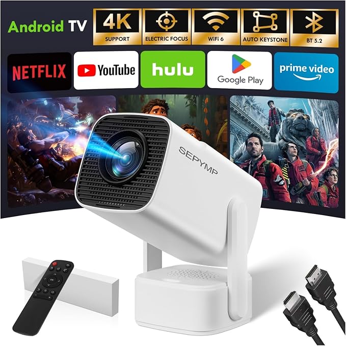 4K Portable Projector, SEPYMP 2025 Upgraded Android 13 Projector | 4K and 1080P HD | WiFi 6 and Bluetooth 5.2 | Compatible with TV Stick, PS5, Laptop, HDMI, USB