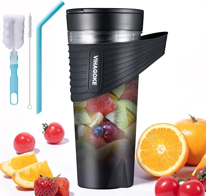 Mixer Smoothie Maker to Go, 460 ml, bottiglia Fresh Juice, 4000 mAh ricaricabile, 6 lame affilate, mini cannuccia in silicone, per viaggi e uso a casa, HD-07, nero
