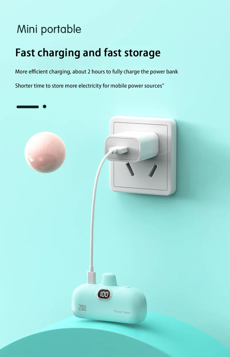 Portable Mobile Charger Mini Power Bank Built Cable Fast Charger Spare Battery Capsule Power bank 2000/5000mAh For iPhone Type-C