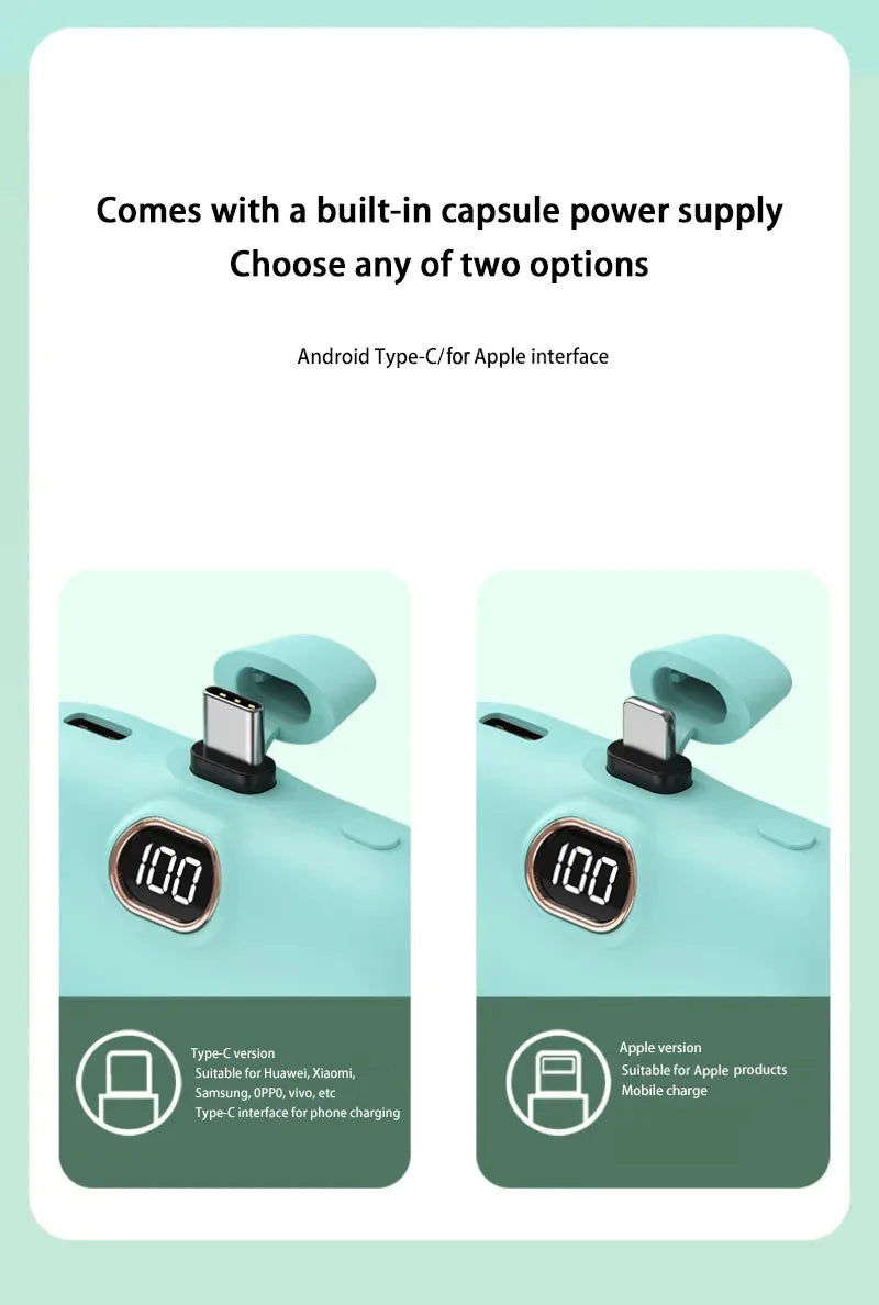 Portable Mobile Charger Mini Power Bank Built Cable Fast Charger Spare Battery Capsule Power bank 2000/5000mAh For iPhone Type-C