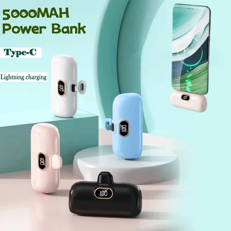 Portable Mobile Charger Mini Power Bank Built Cable Fast Charger Spare Battery Capsule Power bank 2000/5000mAh For iPhone Type-C
