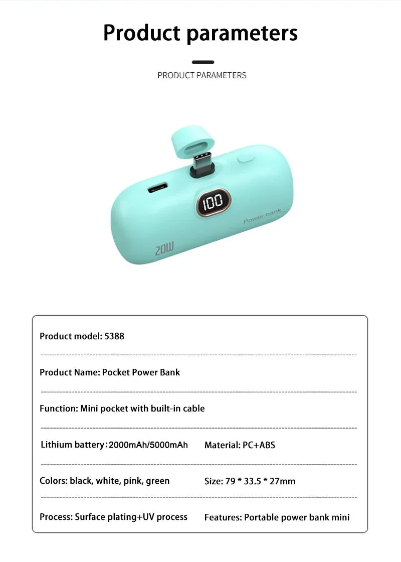 Portable Mobile Charger Mini Power Bank Built Cable Fast Charger Spare Battery Capsule Power bank 2000/5000mAh For iPhone Type-C