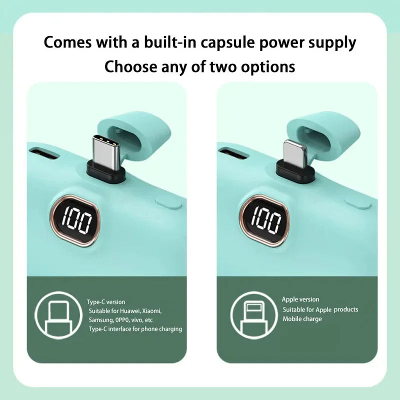 Portable Mobile Charger Mini Power Bank Built Cable Fast Charger Spare Battery Capsule Power bank 2000/5000mAh For iPhone Type-C