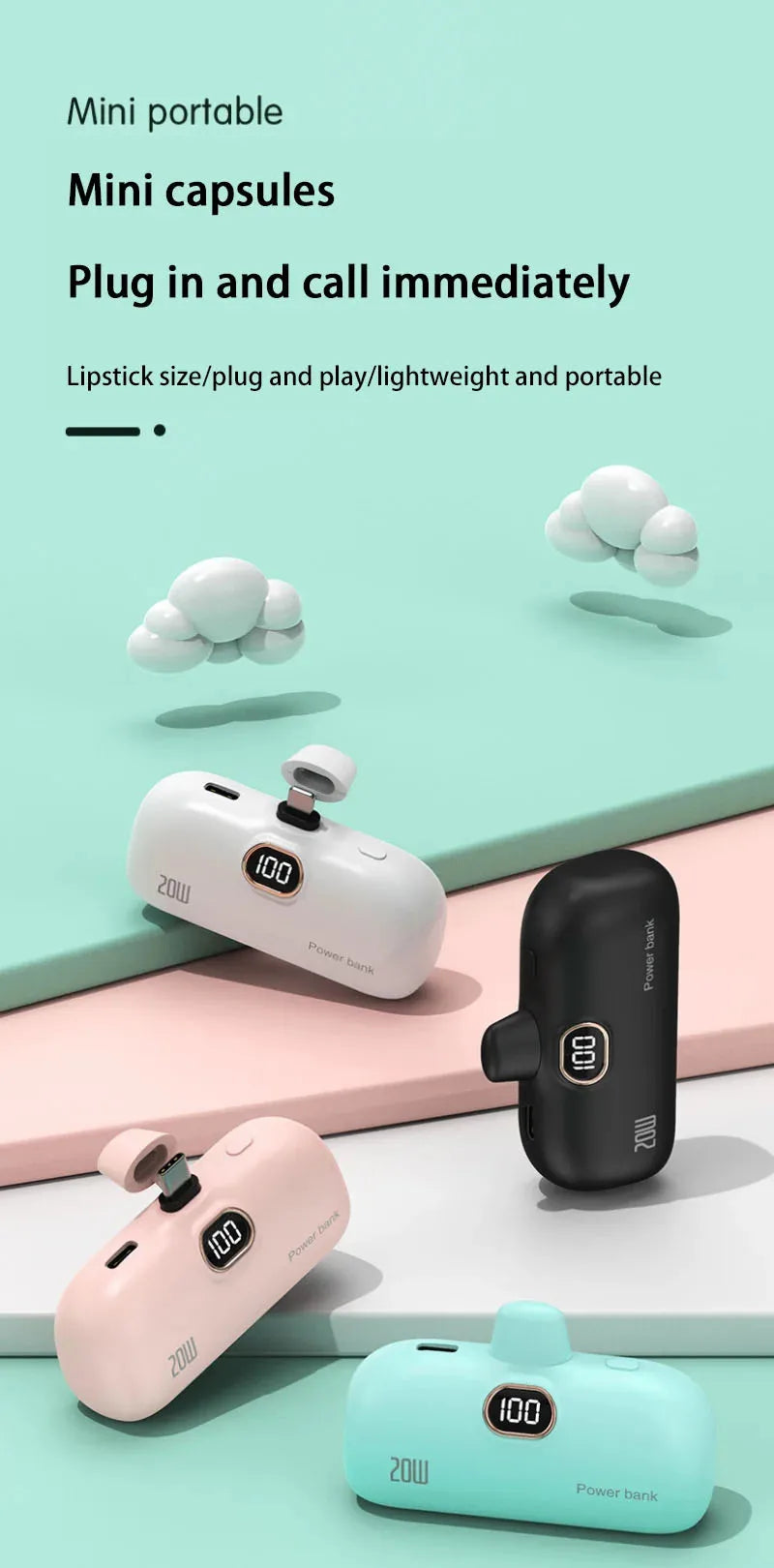 Portable Mobile Charger Mini Power Bank Built Cable Fast Charger Spare Battery Capsule Power bank 2000/5000mAh For iPhone Type-C