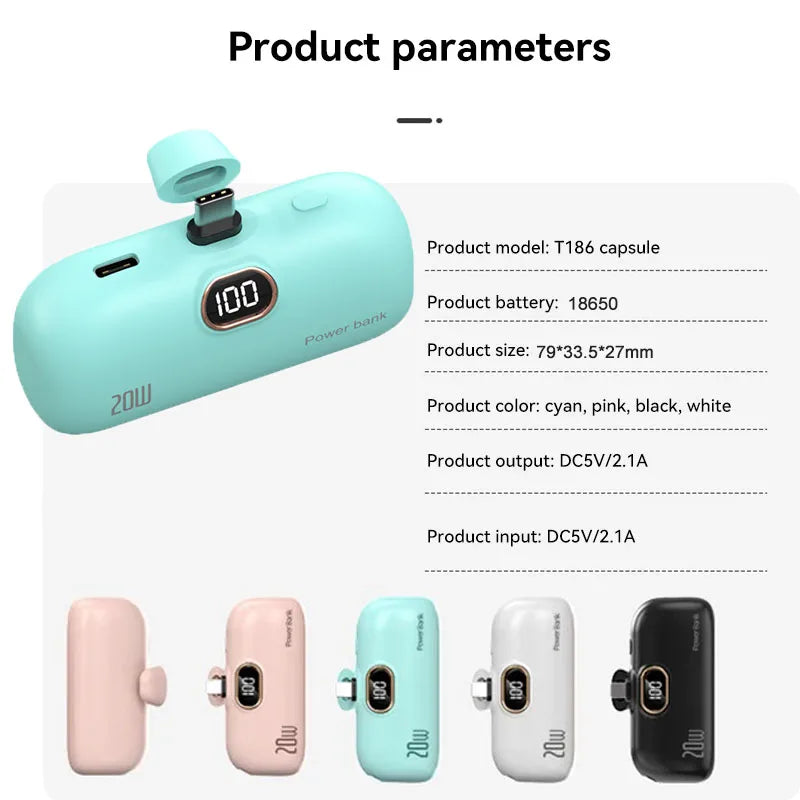 Portable Mobile Charger Mini Power Bank Built Cable Fast Charger Spare Battery Capsule Power bank 2000/5000mAh For iPhone Type-C